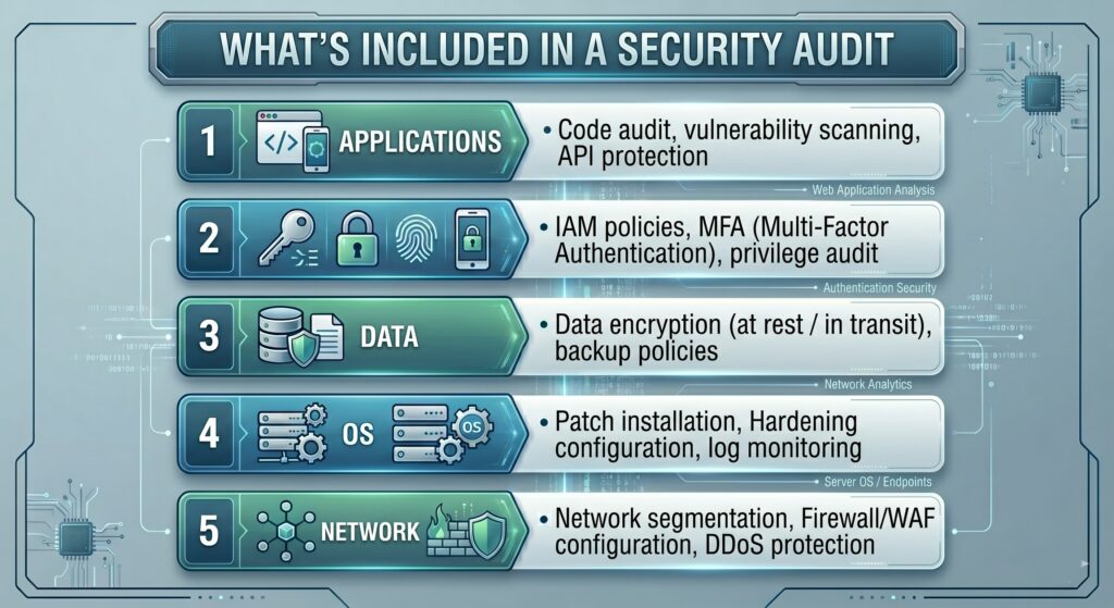 The stages and areas included in security testing of physical and cloud servers.