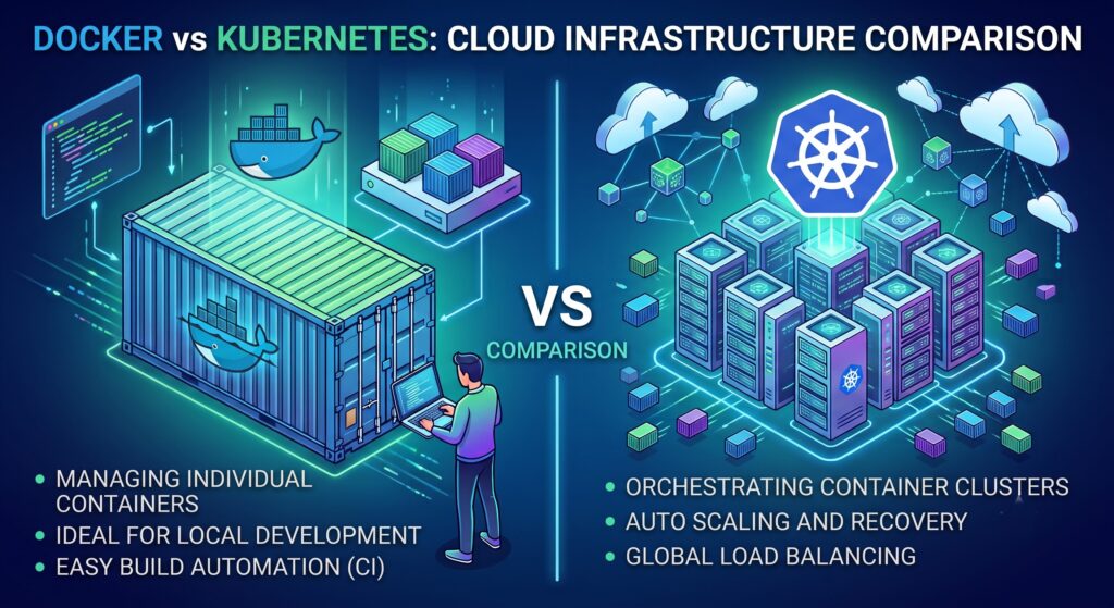 Comparison of Docker or Kubernetes for cloud IT project infrastructure.
